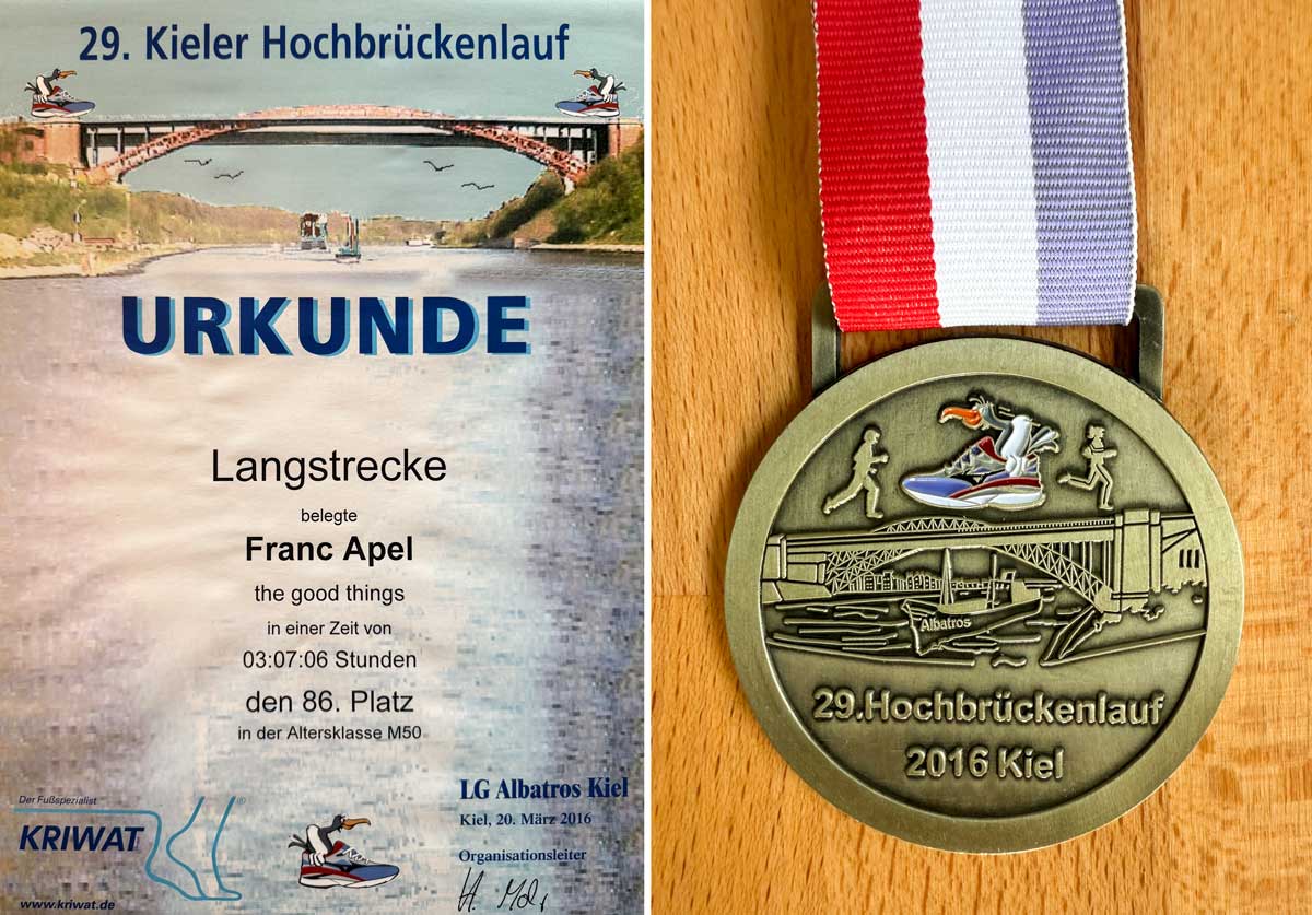 Kieler Hochbrückenlauf Urkunde und Medaille