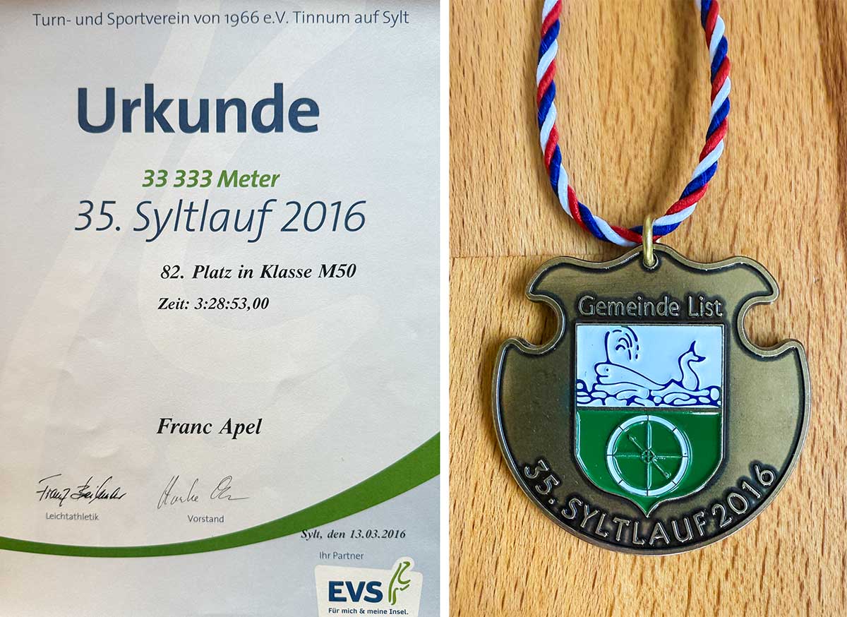 Syltlauf 2016 Urkunden und Medaille