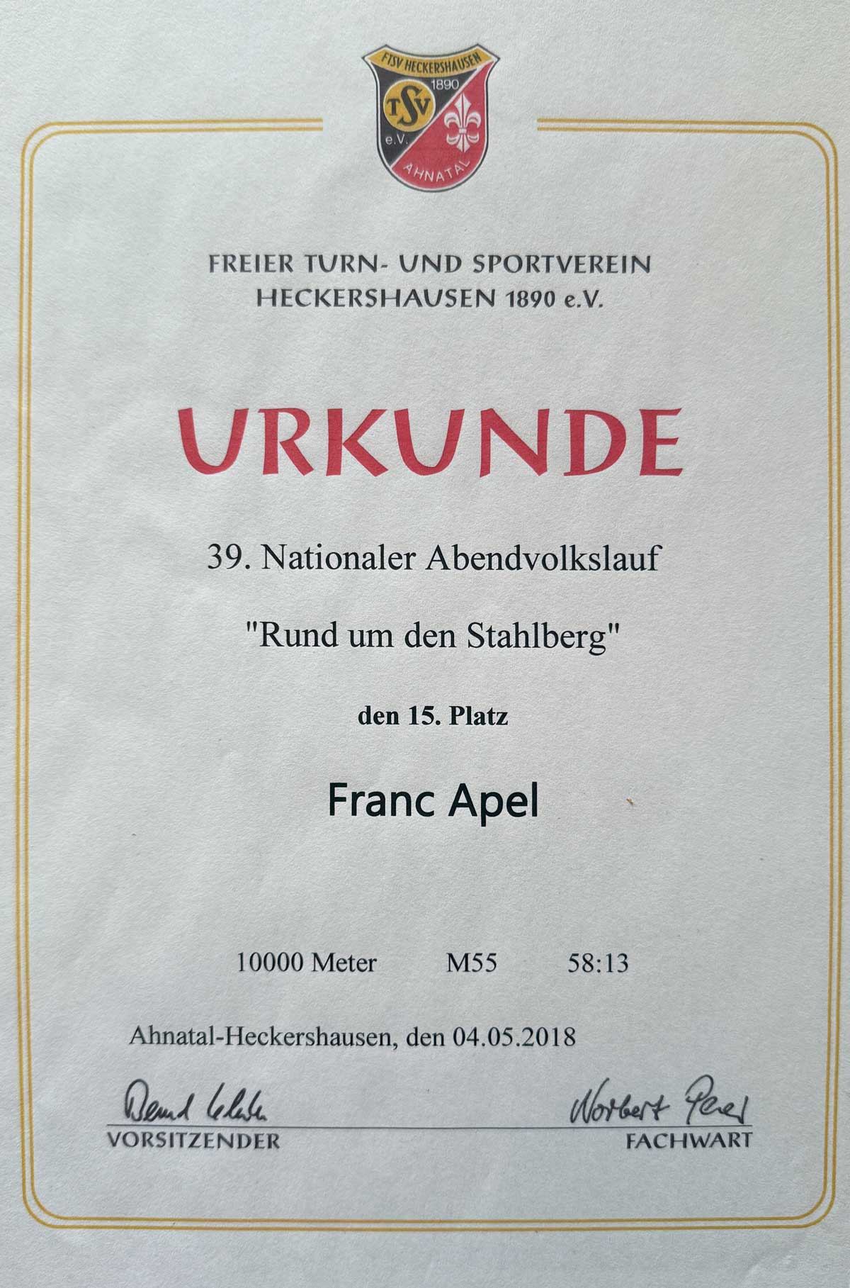 Rund um den Stahlberg 2018 Urkunde